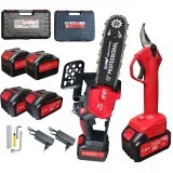 Set cu 4 acumulatori 48v, Mini Drujba electrica 300mm + Foarfeca gradina cu acumulator 27mm diametru Campion PROFESSIONAL