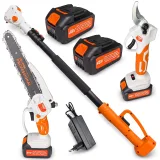Set Mini Drujba si Foarfeca Electrica de crengi– 48V, Lama 24 cm, Taiere 27 mm, Tija 230 cm – 2 Acumulatori 6Ah, Incarcator si Accesorii – Campion Professional – CMP1757A