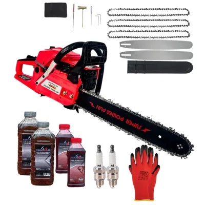 *PACHET* 8.8cp 58cmc Drujba benzina + 3 lanturi + 2 lame + x2 ulei ungere lant 1L + x2 ulei amestec 0.5L + x2 bujii + accesorii + manusi protectie CRAFT-TEC GERMANY, Super Power Plus *RED edition