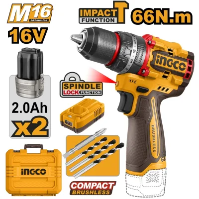 Bormasina cu Impact 16V 66Nm Brushless 2 Viteze 0-500/0-2000 rpm Mandrina Metalica 13mm 30000 bpm 22+1+1 Trepte Cuplu CIDLI166062 cu 2 Acumulatori 2Ah si Incarcator