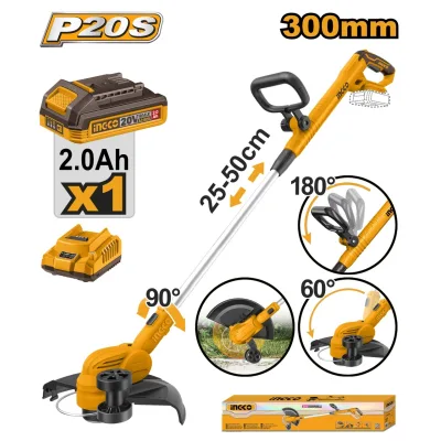 Motocoasa Electrica 20V CGTLI203285 – 8200 rpm, Diametru Taiere 300mm, Fir 1.6mm, Functie Edging cu Roata, Acumulator 2.0Ah + Incarcator