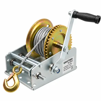 Troliu manual cu doua viteze – 1100 kg (2425 LBS), otel A3, frana automata cu clichet – cablu metalic cu carlig – KRAFTNER – KF-6035
