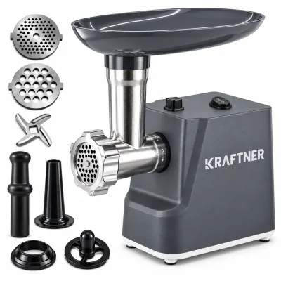 Masina de tocat carne electrica 750W, 3 in 1 (tocare, carnati, kibbe), functie revers, KRAFTNER KF-9951