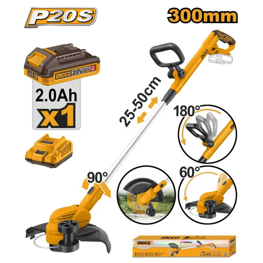 Motocoasa Electrica 20V CGTLI203285 – 8200 rpm, Diametru Taiere 300mm, Fir 1.6mm, Functie Edging cu Roata, Acumulator 2.0Ah + Incarcator