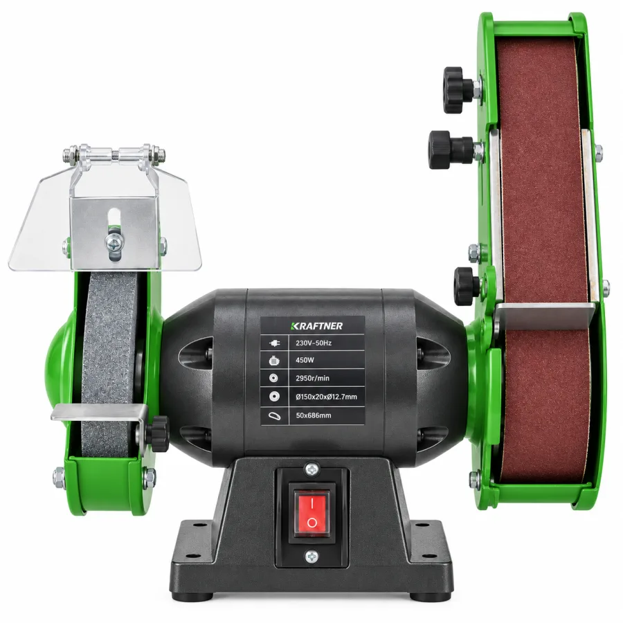 Polizor electric de banc combinat cu disc si banda – 450W, 2950 rpm, 150 x 20 x 12.7 mm – protectie scantei – KRAFTNER – KF-9825