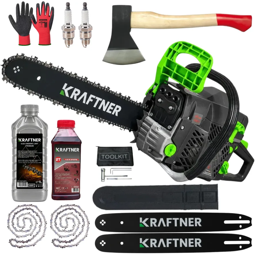 Drujba benzina 58cc 8.3CP 400mm cu accesorii incluse: 2 lame, 2 lanturi, topor, manusi, uleiuri, bujii, ungere automata, pornire easy-start, maner anti-vibratii, KRAFTNER KF-8800