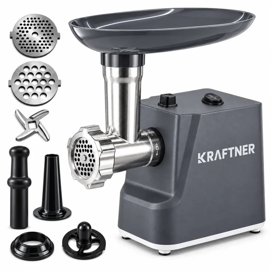 Masina de tocat carne electrica 750W, 3 in 1 (tocare, carnati, kibbe), functie revers, KRAFTNER KF-9951