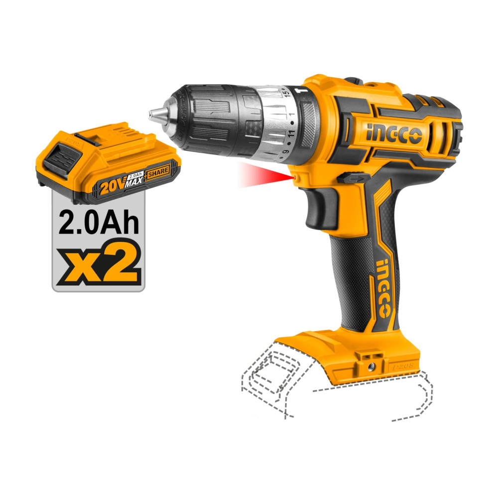 Masina de gaurit Bormasina impact 20V, 45Nm, cu 2 Acumulatori Ingco CIDLI200215