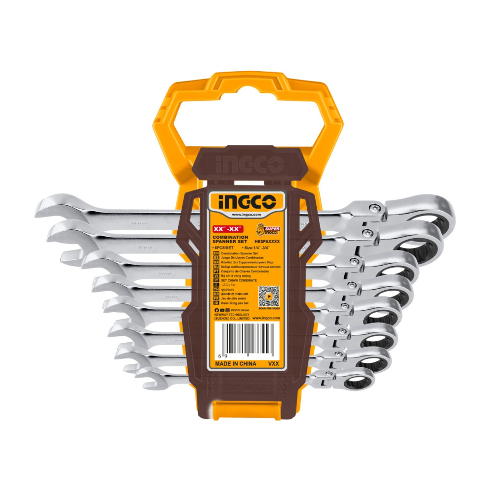 Set Trusa Chei Combinate cu Clichet cu Cap Flexibil 8-19mm 8 buc, Ingco HKSPAR1083