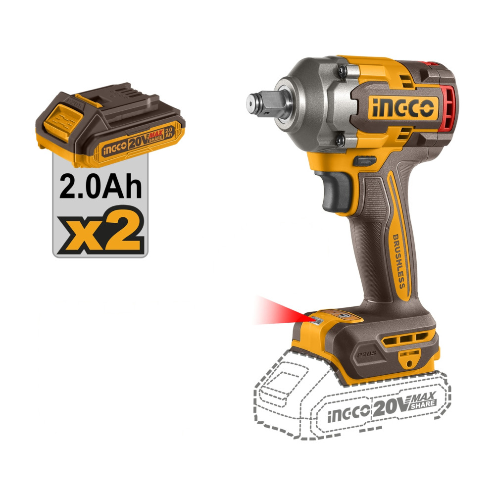 Masina de insurubat Pistol cu Impact 400nM, 20V 1/2, cu 2 Acumulatori Ingco CIWLI2040E