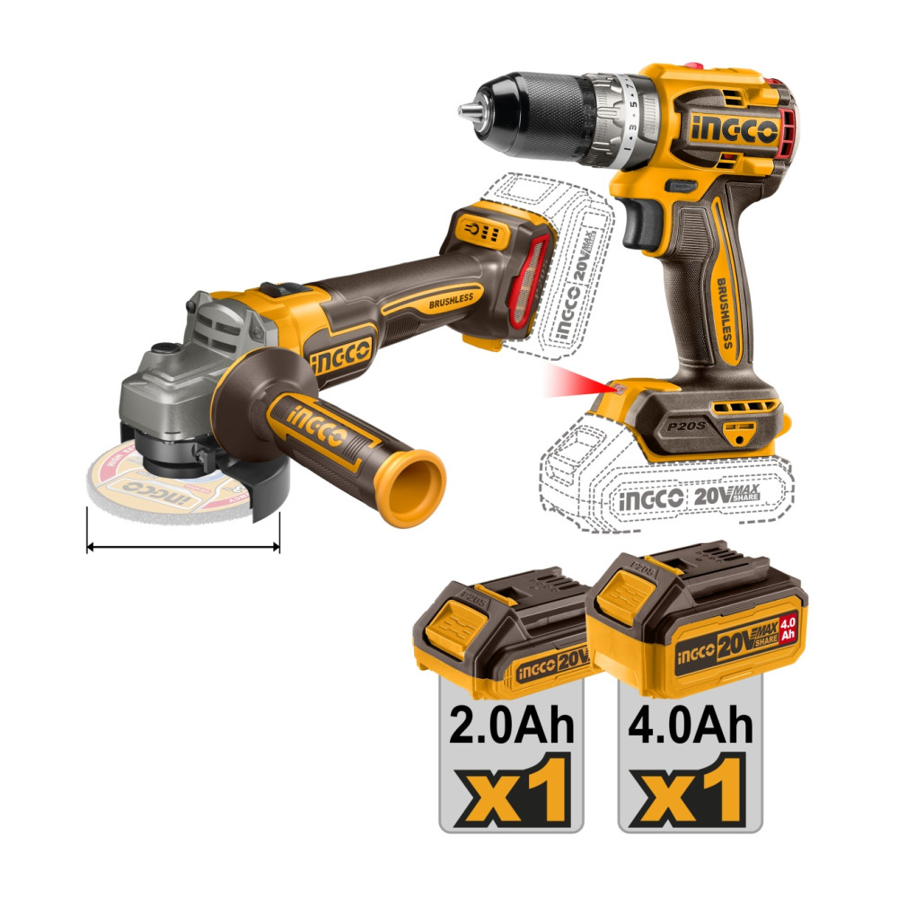Masina de gaurit + Polizor unghiular flex cu 2 acumulator 2/4AH si incarcator bormasina P20S Ingco CKLI20273E