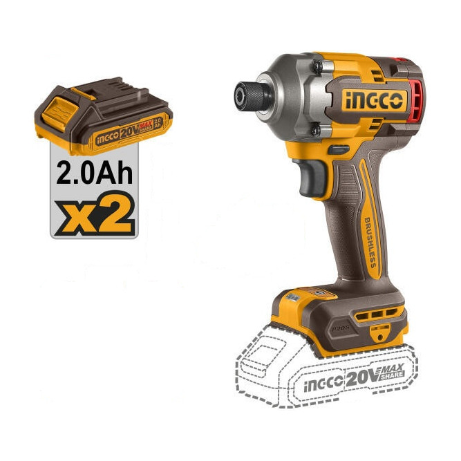 Masina de insurubat cheie cu impact 285nM, 1/4, 20v cu 2 acumulator 2900bpm, brushless Ingco CIRLI2028E