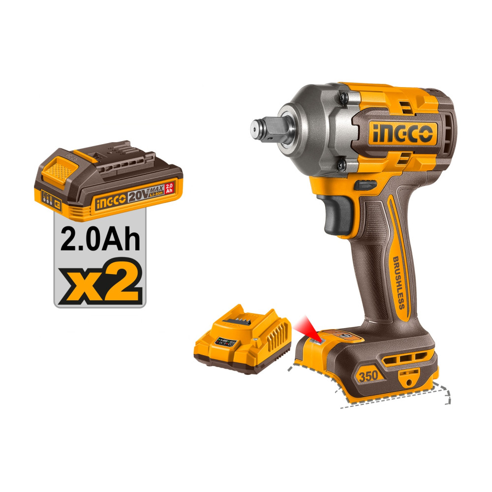 Masina de insurubat pistol cu impact, 350nm, 1/2 cap, 2 acumulator, trepte reglabile, valiza transport INGCO CIWLI2035