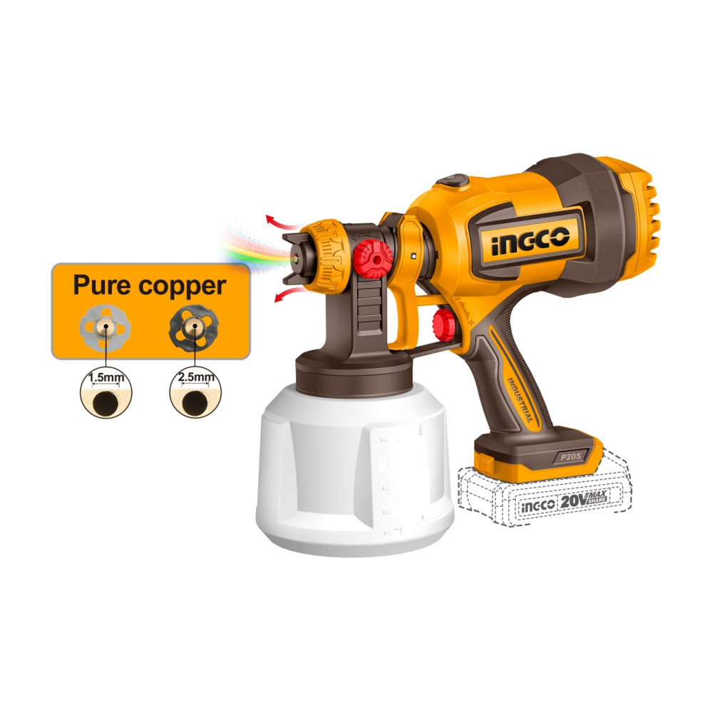 Pistol de vopsit 20V cu functie de suflare, debit 800ml/min, rezervor 1000ml, fara acumulator, INGCO CSGLI2004