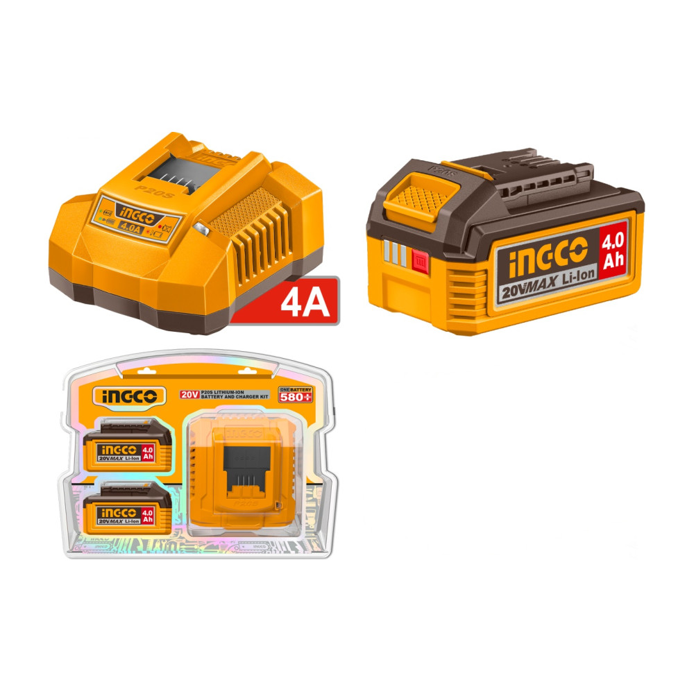 Set 2 Baterii 20V 4Ah + Incarcator Rapid INGCO – FBCPK2013E, Li-Ion, 4A, compatibil platforma P20S, cu LED indicator, autonomie extinsa Acumulator Ingco FBCPK2013E