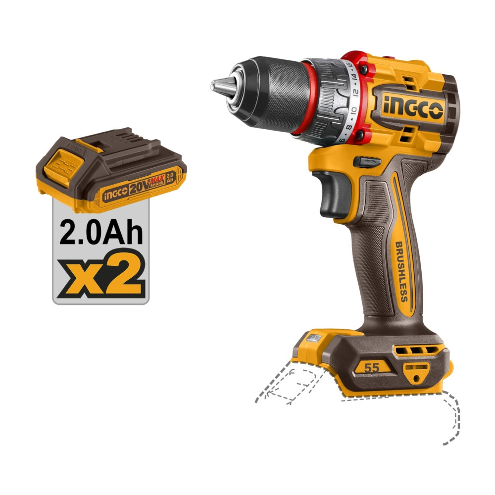 Masina de Gaurit si Insurubat 20V INGCO CDLI20558E, 55Nm, brushless, 2 viteze 0-500/2000 rpm, mandrina metalica 13 mm, 2 acumulatori 2.0Ah, incarcator, 47 accesorii