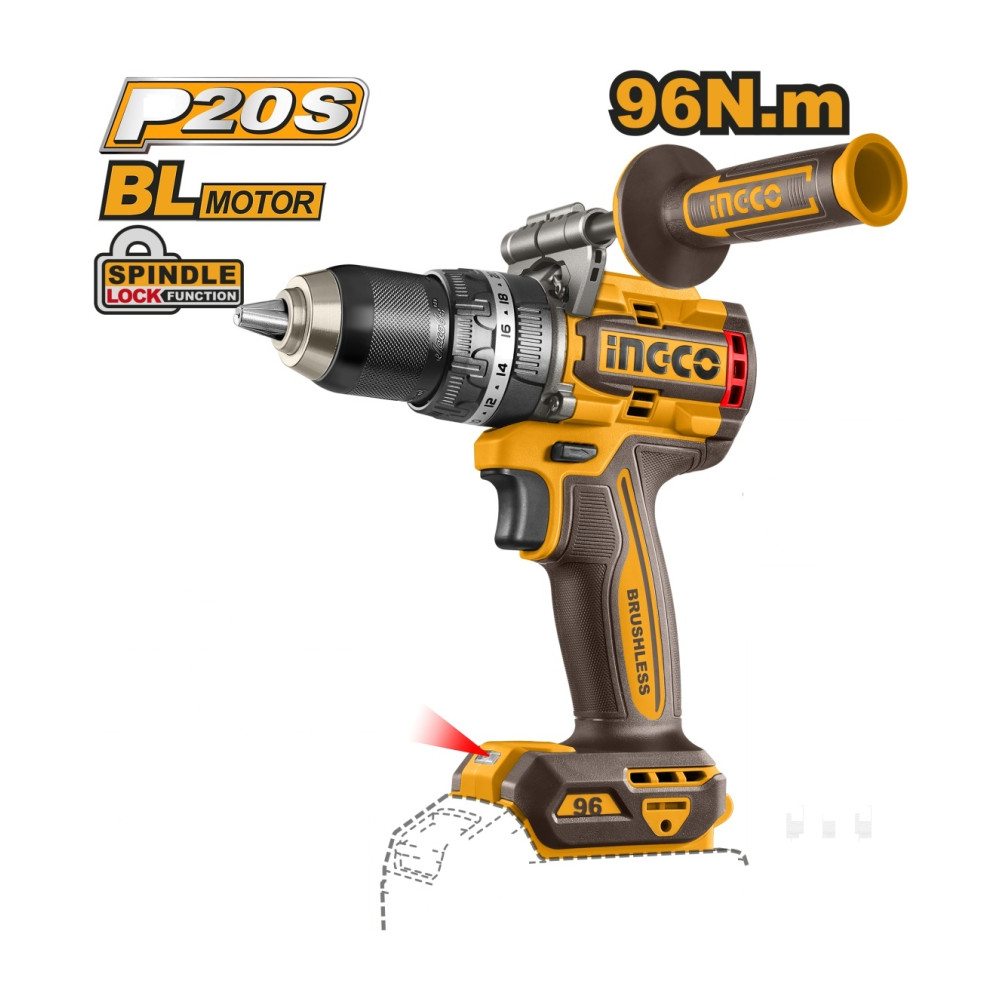 Masina de Gaurit si Insurubat cu Impact 20V INGCO CIDLI209685, 96Nm, brushless, 2 viteze 0-550/2100 rpm, 31500 bpm, mandrina metalica 13 mm, fara acumulator si incarcator