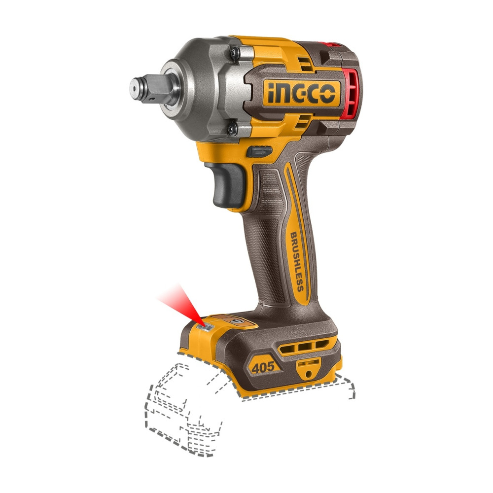 Masina de Insurubat cu Impact Profesionala 20V 405Nm Brushless INGCO CIWLI20451, 0-2400 rpm, 0-3000 bpm, prindere 1/2", cuplu desfacere 555Nm, fara acumulator si incarcator