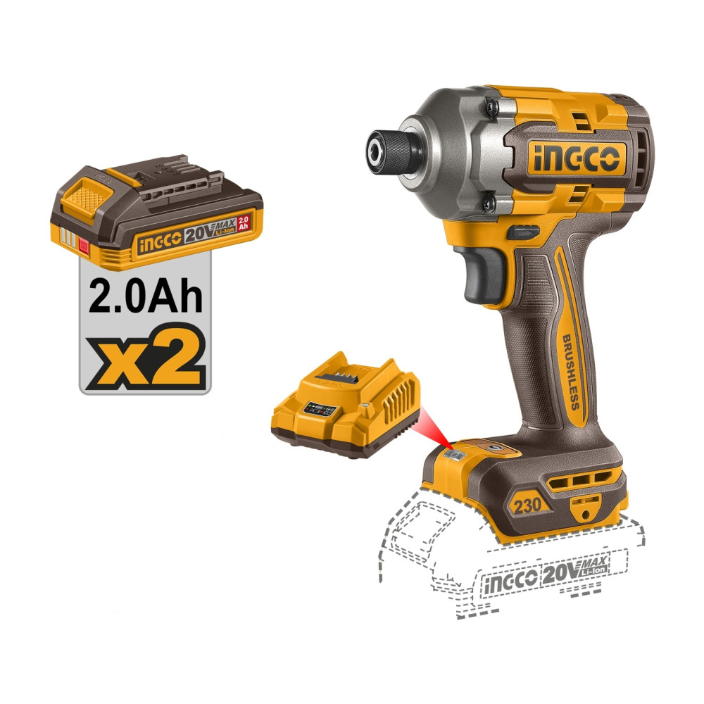 Filetanta cu Impact Profesională 20V 230Nm Brushless INGCO CIRLI2023E, 0-2600 rpm, 0-2900 bpm, prindere 1/4", 2 acumulatori 2Ah + incarcator + accesorii incluse