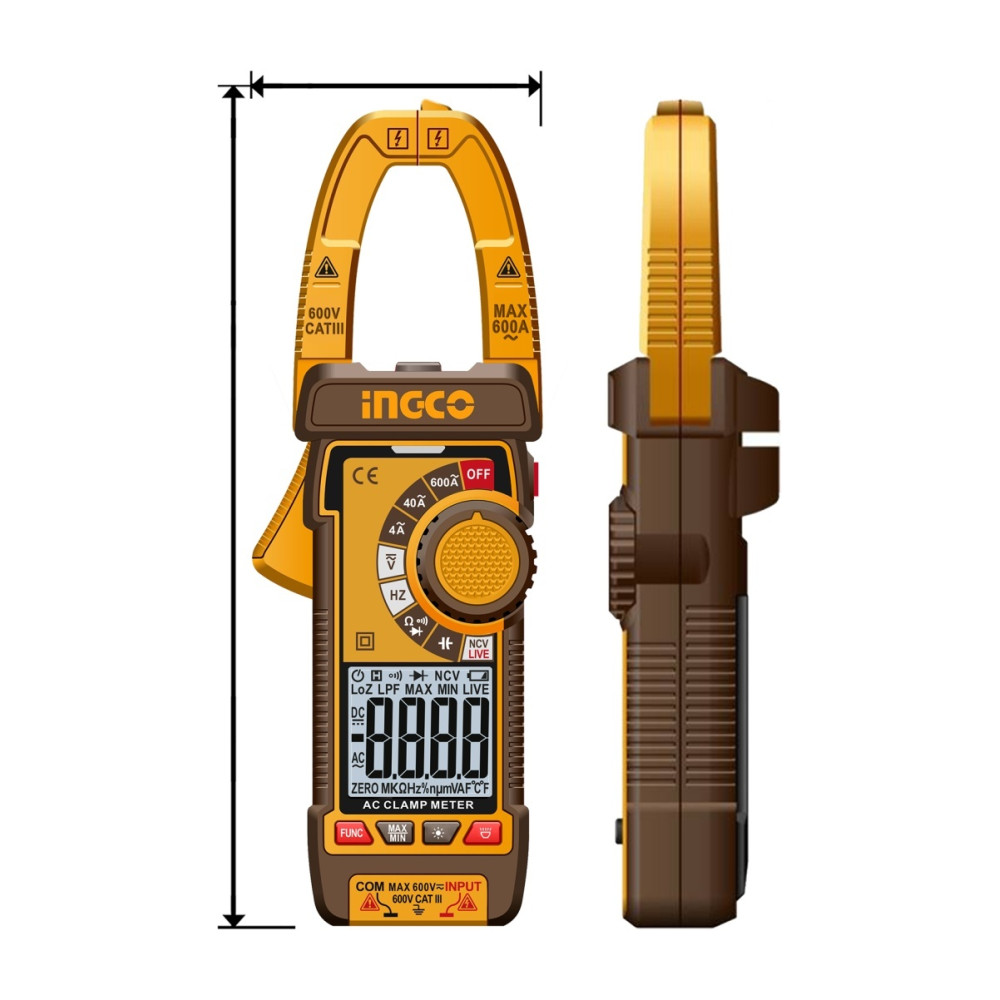 Clampmetru Digital Profesional AC 600A INGCO DCM66001, TRMS 4000 counts, 600V, NCV, LowZ, frecventa 4MHz, Data Hold, lanterna