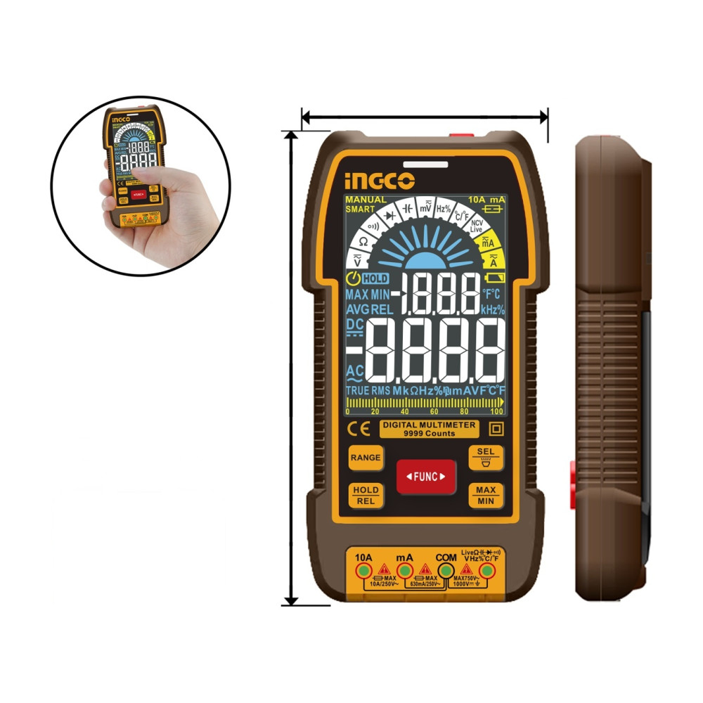 Multimetru Digital Profesional 1000V INGCO DM110004, TRMS 9999 counts, ecran color VA, AC/DC, 10A, temperatura -40°C ~ 1000°C, NCV, SMART, functie completa