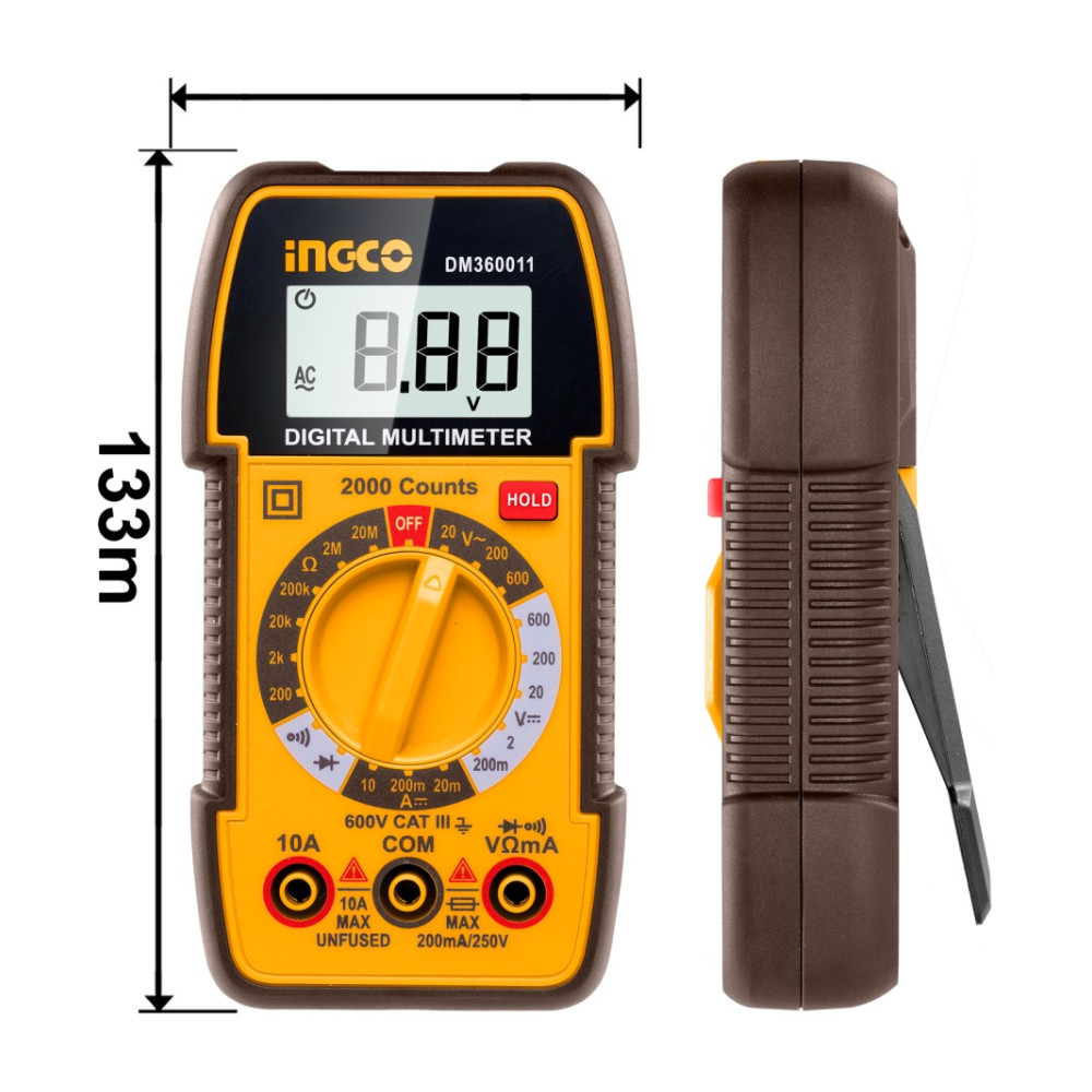 Multimetru Digital Profesional 600V INGCO DM360011, TRMS 2000 counts, AC/DC, 10A, rezistenta 20MΩ, Data Hold, compact