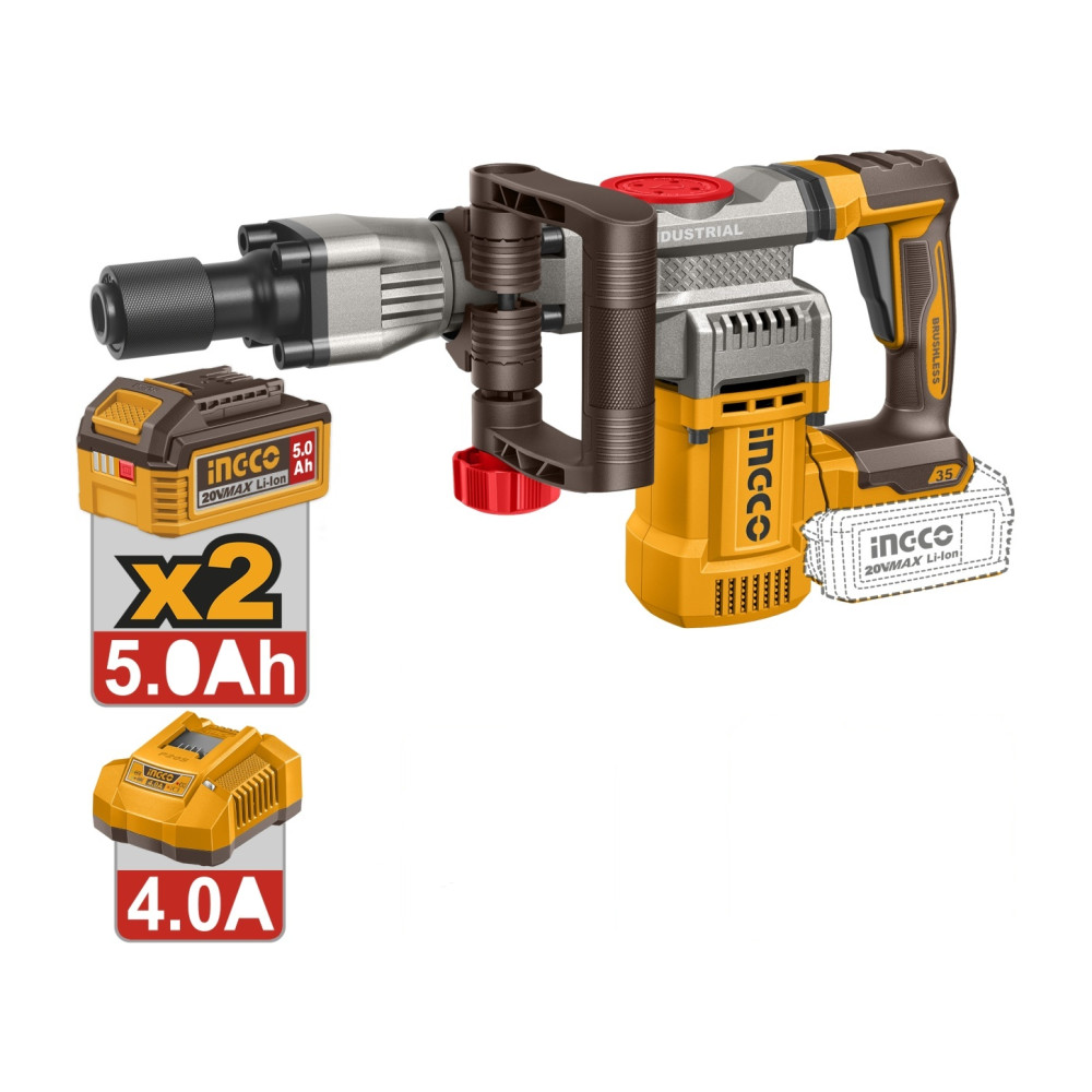 Picamer Demolator Profesional 20V INGCO CDBLI203582E, SDS HEX 35 mm, motor brushless, energie impact 16J, 0-3200 bpm, 2 acumulatori 5.0Ah, incarcator, cutie transport