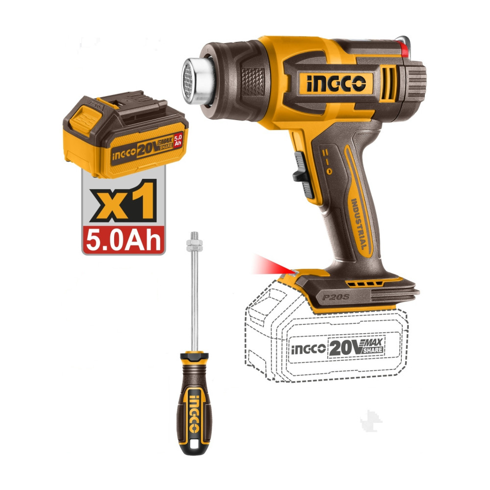 Pistol de Aer Cald 20V 30-550°C cu Afisaj LCD Debit 100-200L/min Acumulator 5.0Ah HGLI20035 – suflanta aer cald profesionala reglabila
