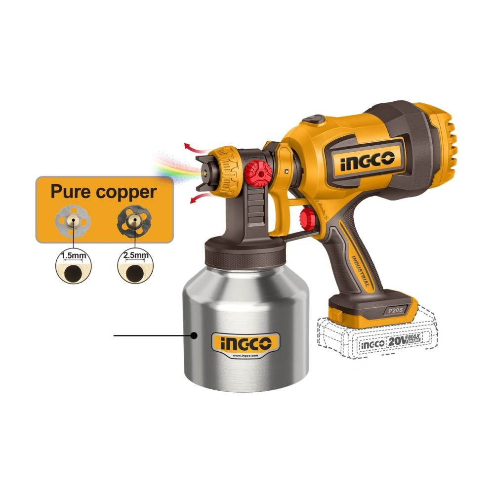 Pistol Vopsit Electric 20V 800ml/min Vascozitate 120DIN-s Rezervor Inox 800ml CSGLI20041 – pistol pulverizare reglabil pentru vopsea si lac