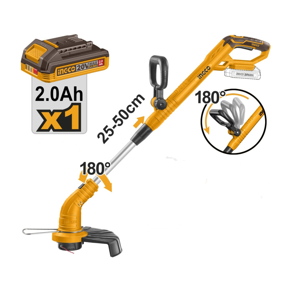 Motocoasa Electrica 20V CGTLI20301E – 8200 rpm, Diametru Taiere 300mm, Fir 1.6mm, Functie Edging, Acumulator 2.0Ah + Incarcator + Kit Protectie