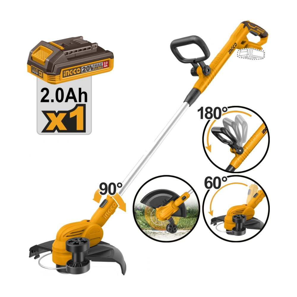 Motocoasa Electrica 20V CGTLI203285 – 8200 rpm, Diametru Taiere 300mm, Fir 1.6mm, Functie Edging cu Roata, Acumulator 2.0Ah + Incarcator