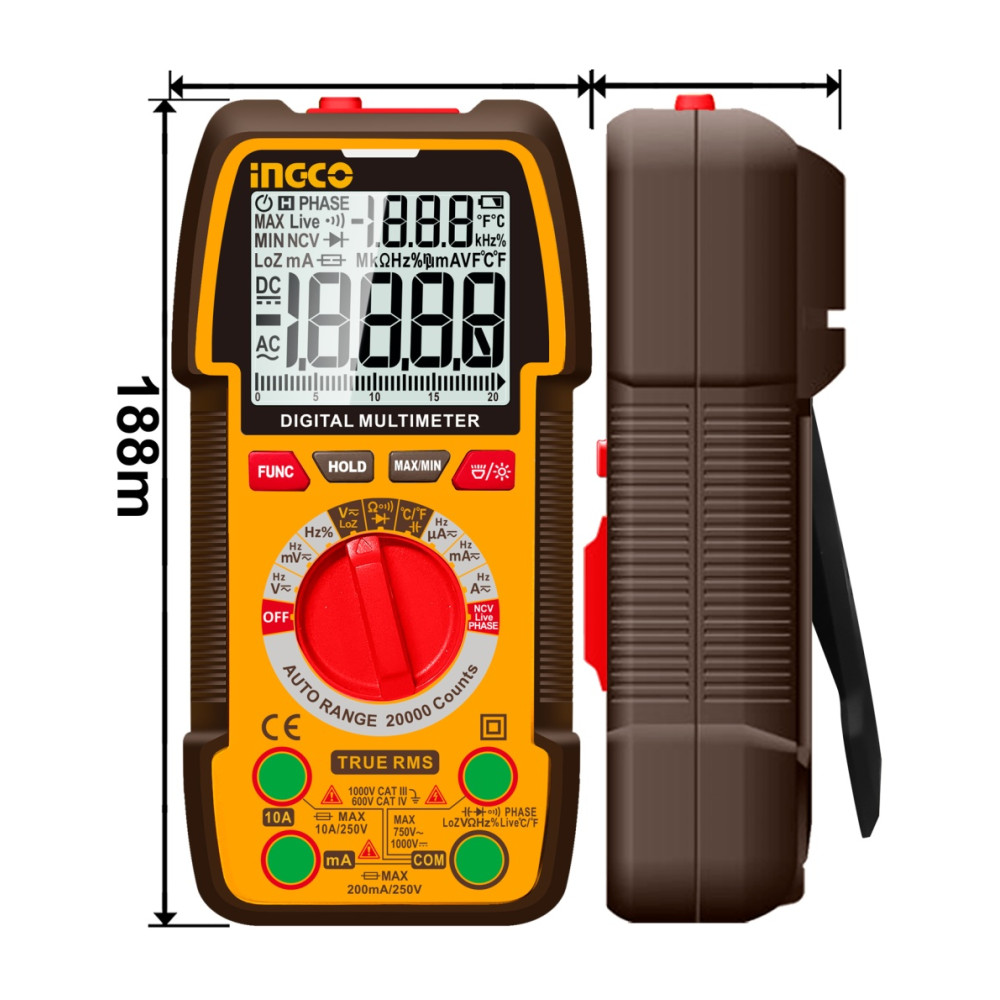 Multimetru Digital Profesional DM410003 – TRU RMS 20000 Puncte, 1000V DC / 750V AC, 10A, Auto Range, Masurare Temperatura -40°C~1000°C, NCV, LowZ
