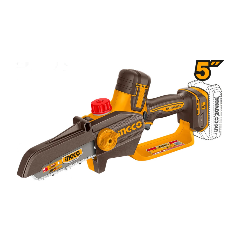 Fierastrau de mana INGCO CGSLI2056, 20V, Brushless, lama 13cm / 5”, ungere automata, lant 1/4”, canal 1.1mm, viteza lant 11m/s, 36 zale, fara acumulator si incarcator