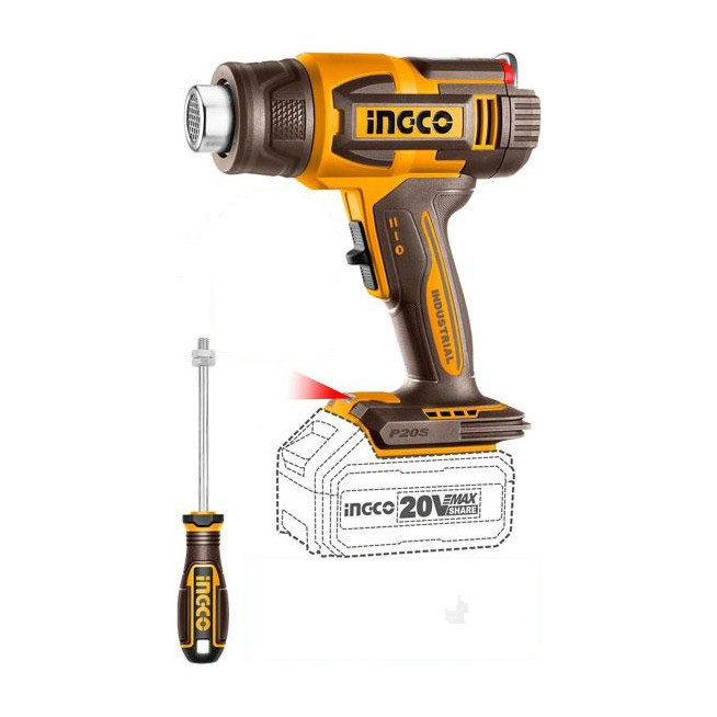 Termosuflanta INGCO HGLI2003, 20V, temperatura reglabila 30-550°C, debit aer 100/200 L/min, afisaj LCD, 3 duze, racleta inclusa, fara acumulator si incarcator