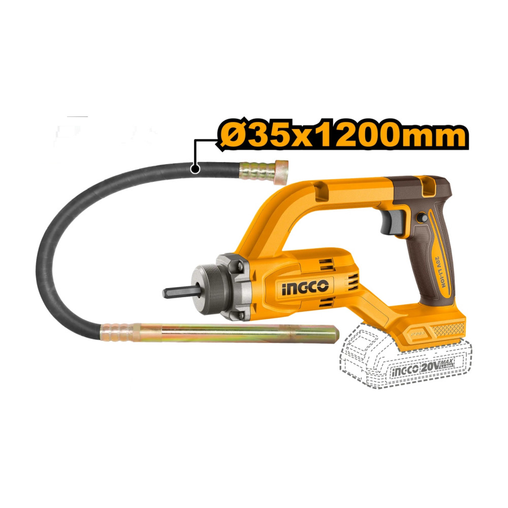 Vibrator beton INGCO, 20V, 0-2500 RPM, frecventa vibrare 190Hz, tija 35x1200mm, compatibil acumulatori INGCO 20V, fara acumulator si incarcator