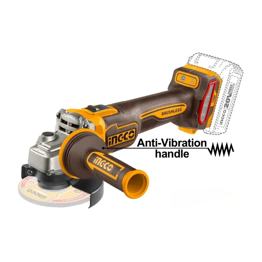 Flex unghiular INGCO CAGLI212027E, 20V, Brushless, 125mm, 1200W, 3000/6000/9000 RPM, filet M14…