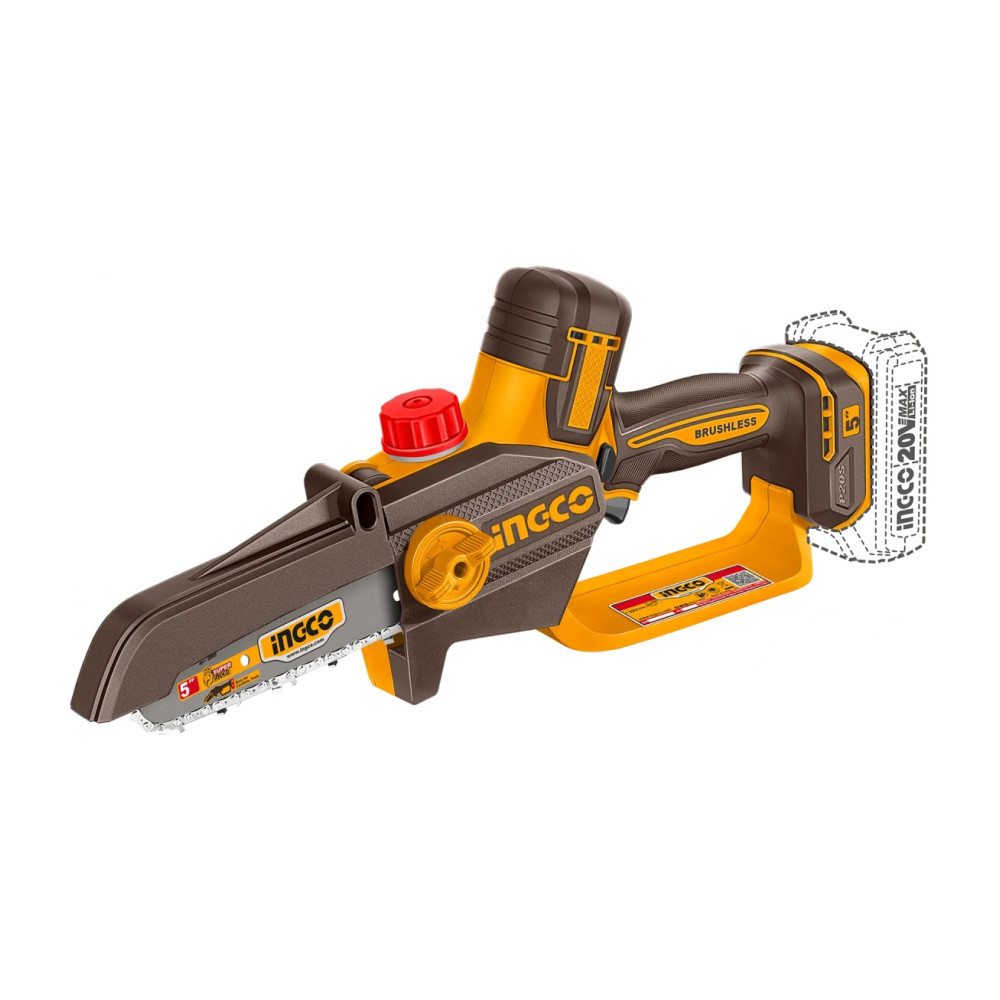Fierastrau de mana INGCO CGSLI20561E, 20V, Brushless, lama 13cm / 5”, ungere automata, lant 1/4”, viteza 11m/s, 36 zale, acumulator 2Ah, incarcator si cutie transport