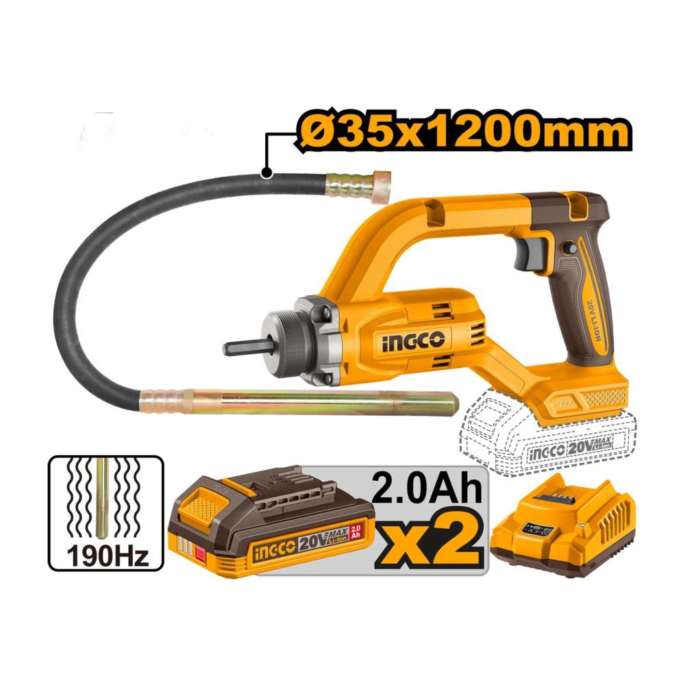 Vibrator beton INGCO CCVLI2025021E, 20V, Brushless, 0-2500 RPM, frecventa vibrare 190Hz, tija…