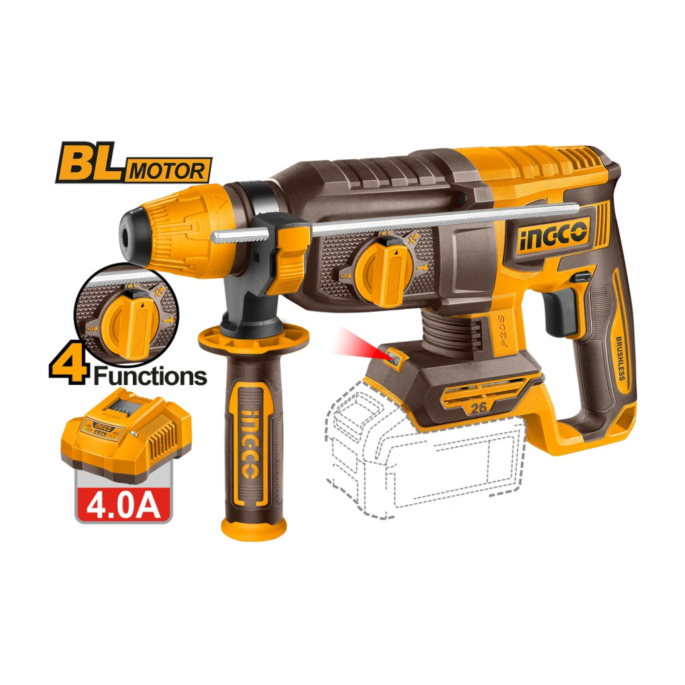 Ciocan rotopercutor INGCO CRHLI262085E, 20V, Brushless, SDS Plus, 2.5J, 26mm beton, 13mm otel, 30mm lemn, 0-1100 RPM, 0-5000 BPM, LED, 2 acumulatori 4Ah, incarcator si valiza