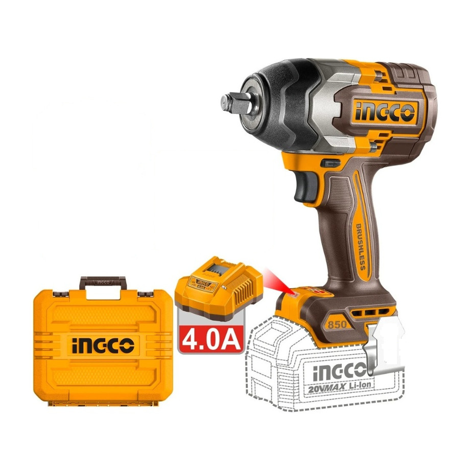 Filetanta cu impact INGCO CIWLI2085E, 20V, Brushless, 1/2”, 850Nm, desfacere 1000Nm, 3 trepte viteza, LED, 2 acumulatori 4Ah, incarcator, tubulare si cutie transport
