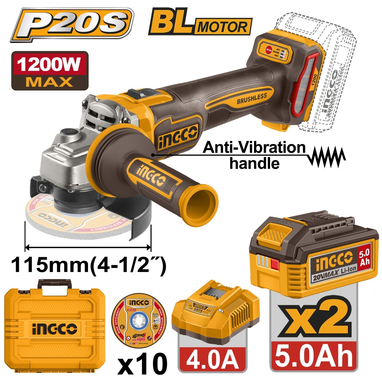 Flex Unghiular Industrial 20V 115mm 1200W Brushless INGCO CAGLI2120252E, 3000/6000/9000 rpm, filet M14, maner anti-vibratii, 2 acumulatori 5Ah + incarcator + accesorii incluse