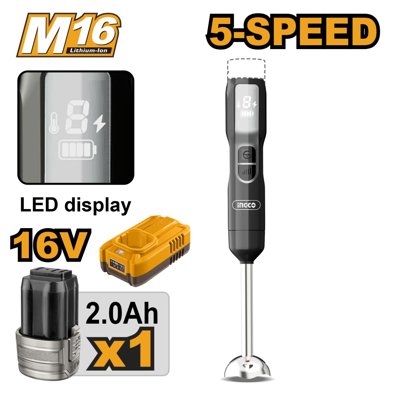 Mixer Vertical 16V 100W 5 Viteze Afisaj LED Lama Inox cu Acumulator 2Ah si Incarcator CHB048K