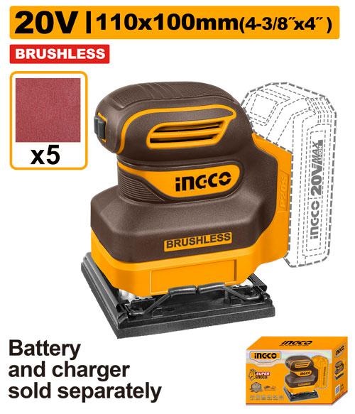 Slefuitor oscilant INGCO, 20V, Brushless, talpa 110x100mm, 12000 RPM, 5 hartii abrazive incluse, fara acumulator si incarcator, cod produs CPSLI2024