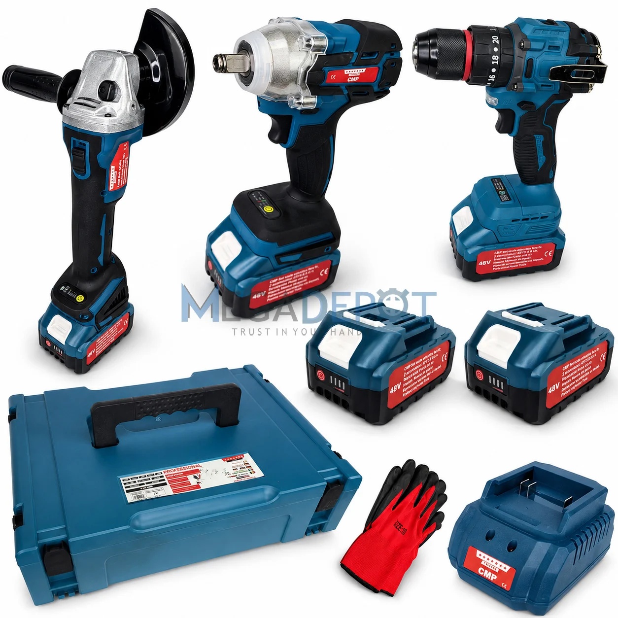 Set 3 scule cu 2 acumulatori 48v, Polizor Unghiular, Cheie impact, Masina de gaurit si insurubat Bormasina, manusi cadou Campion PROFESSIONAL CMP1849