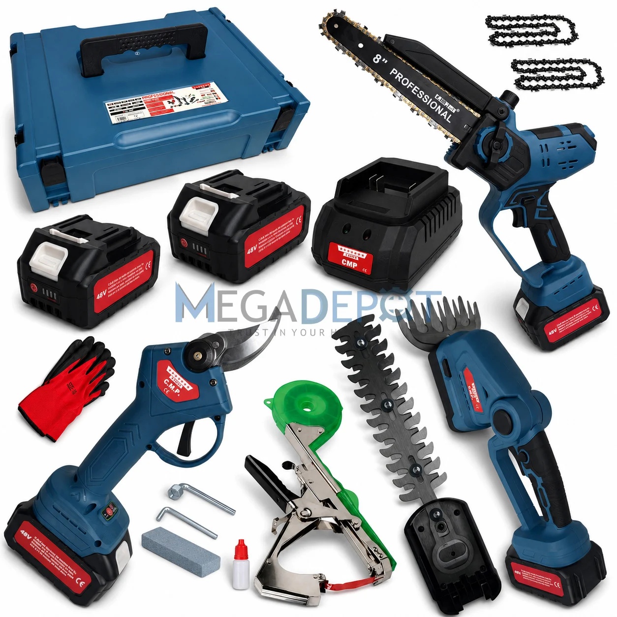 Set Scule cu acumulator 48v, Mini drujba electrica, foarfeca crengi, masina tuns gard viu, aparat fita vie Campion CMP1830