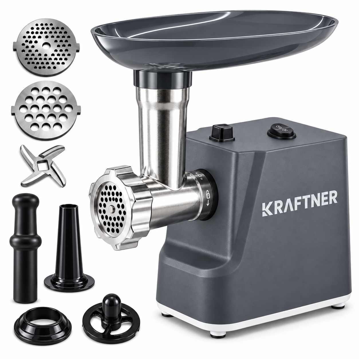Masina de tocat carne electrica 750W, 3 in 1 (tocare, carnati, kibbe), functie revers, KRAFTNER KF-9951